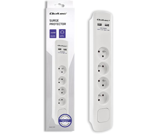 Qoltec Listwa antyprzepięciowa - 4 gniazda, 2x USB, 1.8m biała - 1122589 - zdjęcie 2